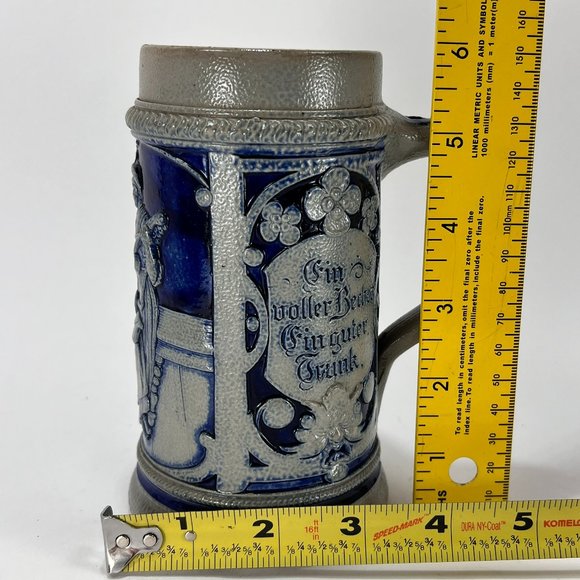 Vtg German Stein Beer Mug Cobalt Blue Grey Salt Glazed 16 oz Embossed Rustic 90s - Picture 11 of 13